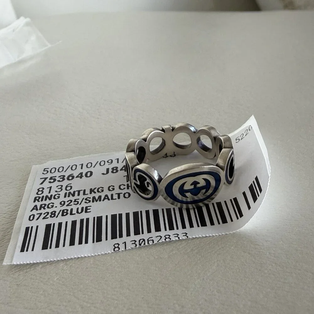 NEW GUCCI INTERLOCKING RING SILVER GG LOGO GREEN Chain Sz 26 IT 11.5 US Enamel - Picture 3 of 5